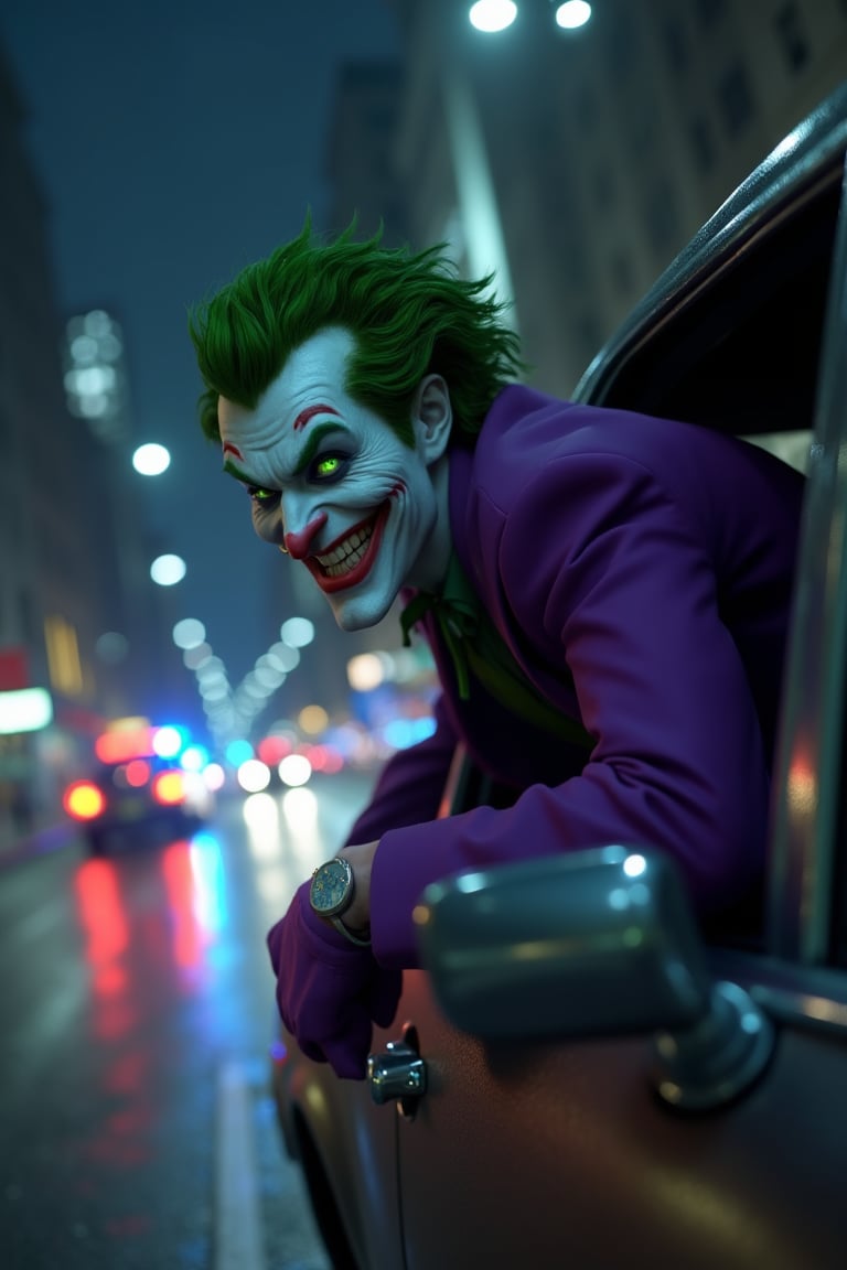 Portrait of The Joker, body poking out of a car window, action scene, purple suit, green hair, pale white skin, (glowing green pupils), creep smile, teeths, road, blur, moving car, police car is chasing behind, Gotham City night background, DCAU Style, realistic cartoon, cinematic scene shot, dramatic, dark lighting, deep contrast, made for dark wallpaper, detailed face and eyes, hyper detailed, 16K UHD, high resolution, unreal engine. Ultra wide angle shot image, Side view