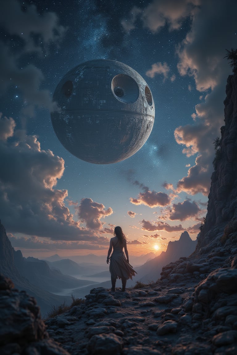 Rey Skywalker stands alone on a desolate cliffside, surrounded by the ruins of a distant galaxy. The night sky unfolds above her like a canvas of twinkling stars and swirling clouds. In the distance, the half-destroyed Death Star looms, a haunting reminder of the devastating power of the Force. Dramatic lighting casts long shadows across Rey's determined figure, as if illuminated by the very hope that drives her forward. The image is a masterclass in composition, with every element carefully balanced to create a sense of awe and wonder. This stunning 16K UHD image is the epitome of mobile wallpaper perfection.