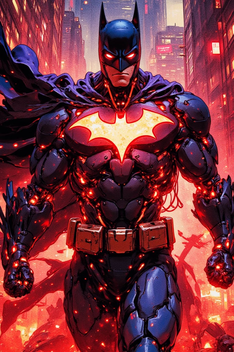 Image of (Batman) inspired by a Cyborg, Robot, mechanx, glowing bat symbol on chest, throwing a punch, action pose, dynamic angle, cinematic scene, aesthetic detailed, Vivid colours, HDR 10+, ultra high texture details, vector art illustration, semi realistic, 16K UHD, masterpiece, best image, best quality, full body image.