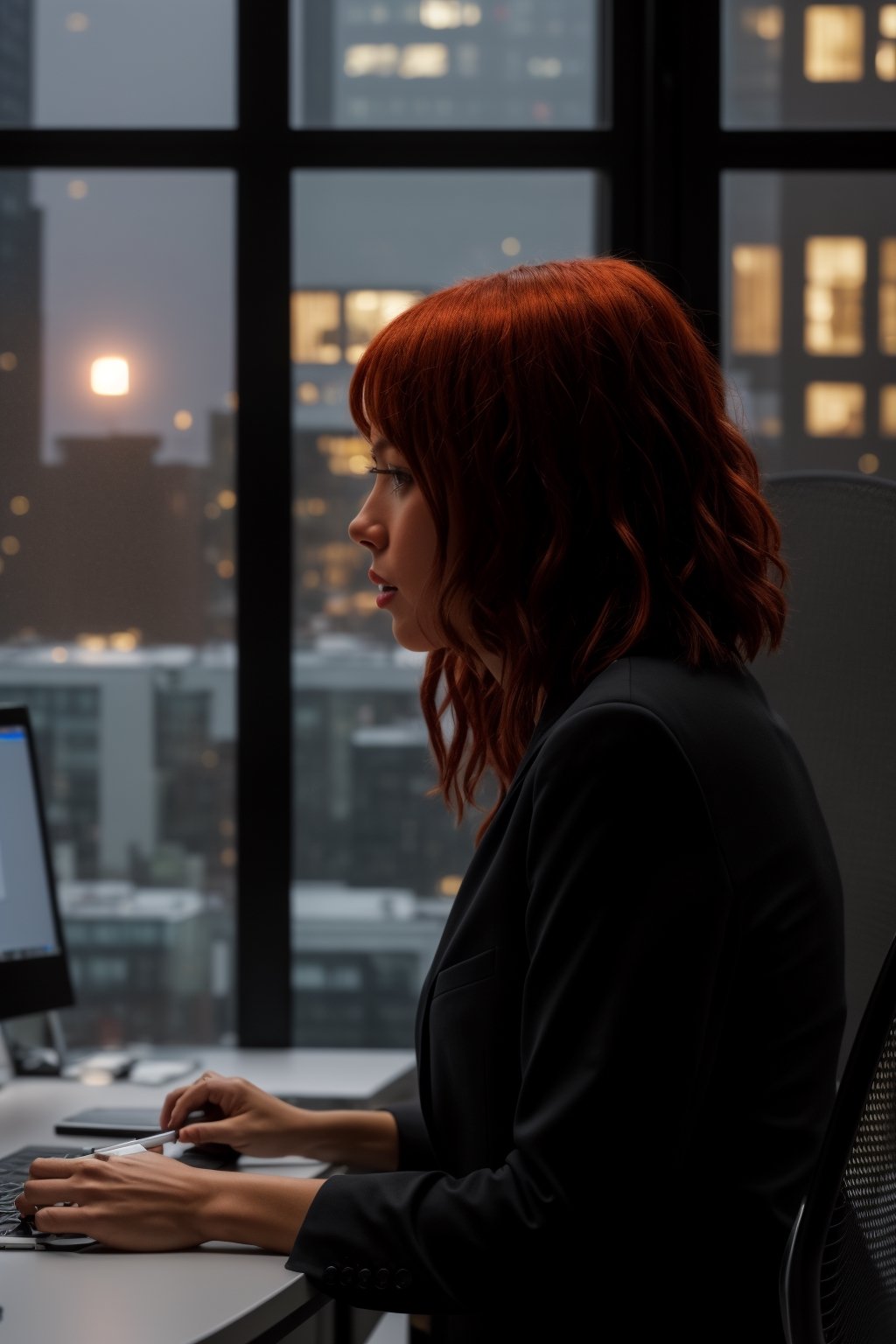 (Masterpiece, best quality, hi_res, extreme detail, perfect anatomy, perfect face), 1 beautiful woman,fiery red hair,beautiful labia,sat at her desk with a frown on her face. She was thinking hard in front of the computer. She had a PPT for tomorrow's meeting that she hadn't finished yet. It was already late at night, and she was the only one in the office still working overtime. Outside the glass curtain wall behind her is the bustling night of the city, reflecting her hard work.perfect body,photorealistic,androide18