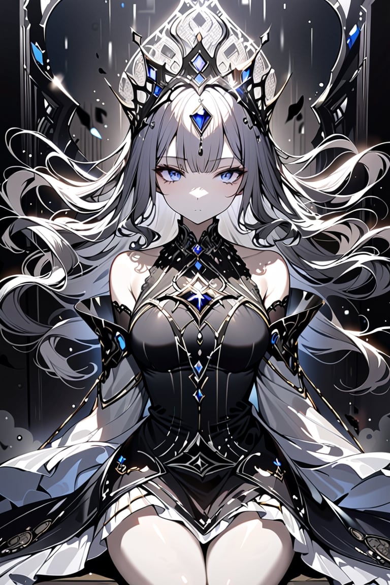 (((masterpiece))),best quality, illustration,(beautiful detailed girl), a girl ,solo,bare shoulders,flat_chst,diamond and glaring eyes,beautiful detailed cold face,very long blue and sliver hair,floaing black feathers,wavy hair,black and white sleeves,gold and sliver fringes,a (blackhole) behind the girl,a silver triple crown inlaid with obsidian,(sit) on the black ((throne)), (depth) of (field)