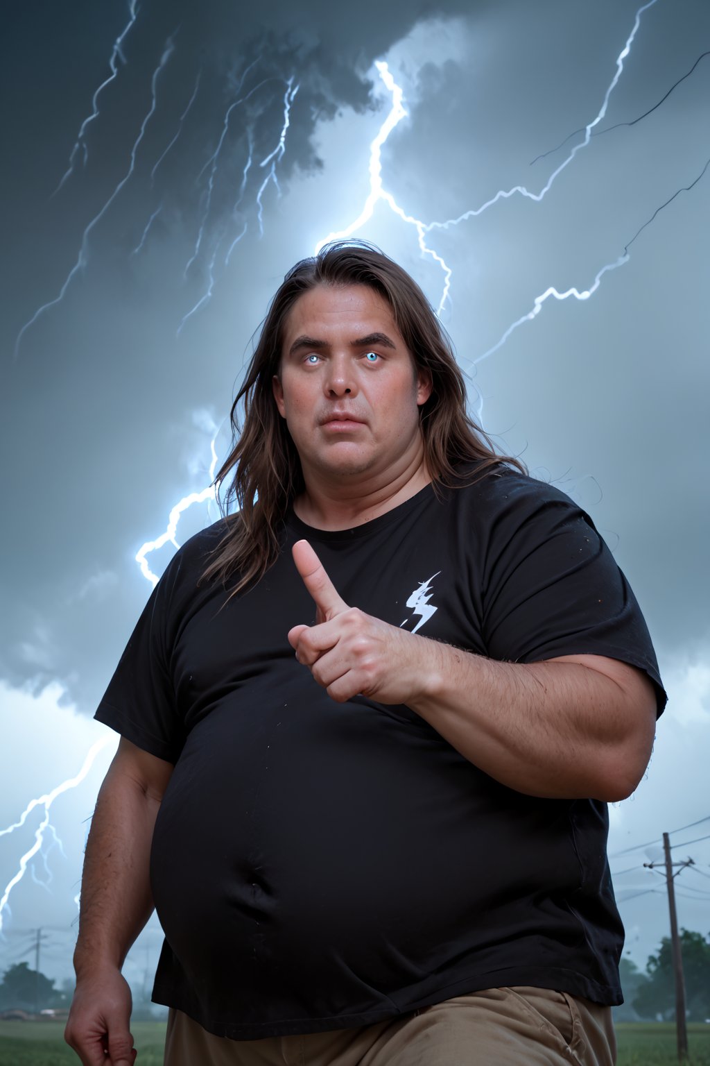 score_9, score_8_up, score_7_up, realistic, epic,

cowboy shot, masterpiece, obese man, long hair, brown hair, full bears, fat, black shirt, lightning, white eyes, looking at viewer, glowing eyes, thunderstorm, dark clouds, tornado, pointing at viewer,