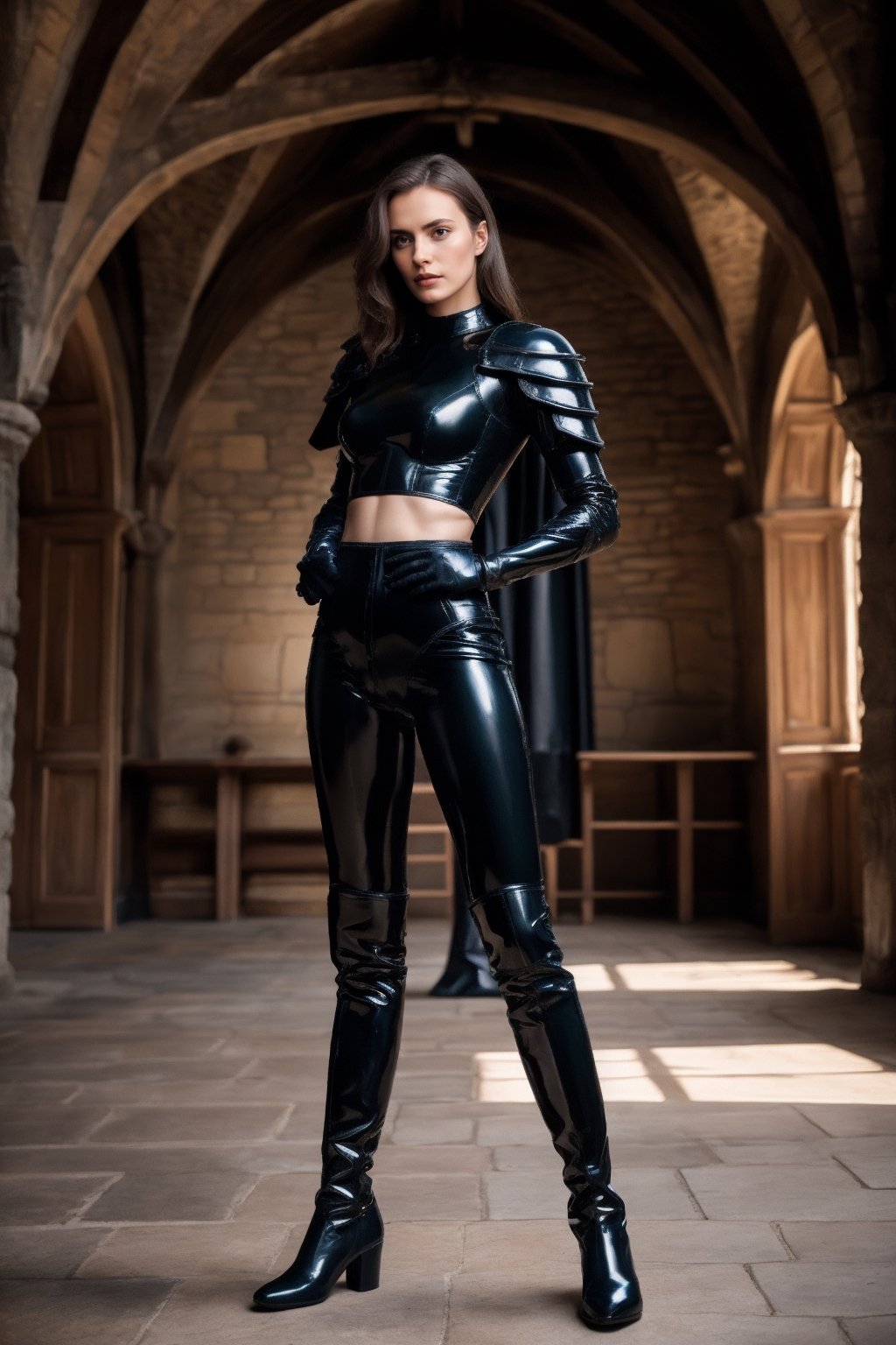 wo_kylcole01,  portrait of a long and wavy hair,  slim woman,  wearing black latex combat armor, black latex boots, in a medieval castle hall,  masterpiece,  ((hands on the hips)),  natural light,  vignette effect,  gorgeous, 36c cup/bra, measurements 36c-24-35, height 173 cm, weight 54 kg, blurry background, clear blue eyes, red pronounced lips