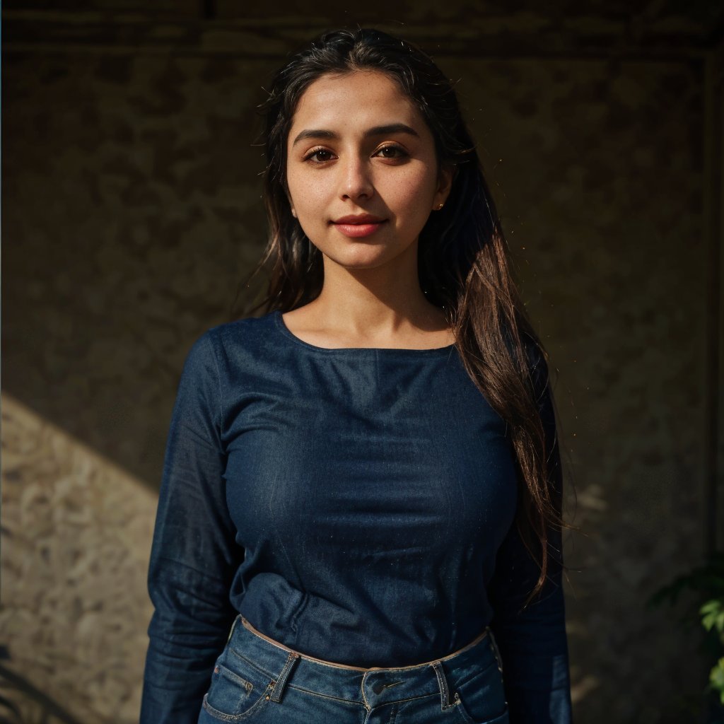 1girl, Kashmiri beautiful women 36 years old, solo, long hair, brown hair, smiling, wearing a plain Black round neck Pure Cotton Oversized Half Sleeves T-shirt, detailed t-shirt fabric, without text, without design in t-shirt, outdoors, pants, sandals, denim, jeans, natural bokeh background, 36year old, ponytail:2, braided hair, This breathtaking photograph, sunny day, natural colors, RAW photo, best quality), (realistic, photo-Realistic:1.3), best quality, masterpiece, beautiful and aesthetic, 16K, (HDR:1.4), high contrast, (vibrant color:1.4), (muted colors, dim colors, soothing tones:0), cinematic lighting, ambient lighting, backlit, shot on Kodak Gold 400 film, softer lens filter, full of love and romantic atmosphere, beautifully showcases the raw and authentic beauty of life. high resolution 8k image quality,more detail