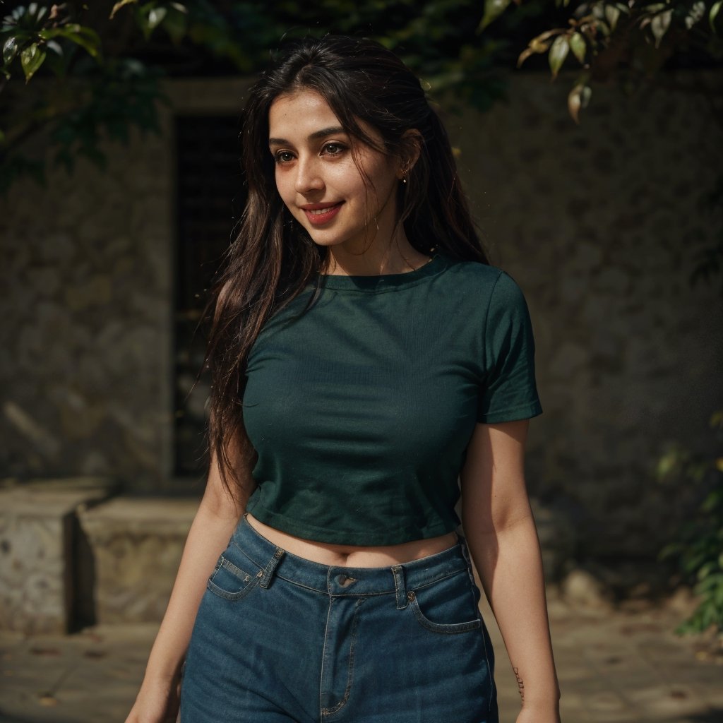 1girl, Kashmiri beautiful women 36 years old, solo, long hair, brown hair, smiling, wearing a plain Deep Sea Green round neck Pure Cotton Oversized T-shirt, detailed t-shirt fabric, without text, without design in t-shirt,  outdoors, pants, sandals, denim, jeans, natural bokeh background, 36year old, ponytail:2, braided hair, This breathtaking photograph, sunny day, natural colors, RAW photo, best quality), (realistic, photo-Realistic:1.3), best quality, masterpiece, beautiful and aesthetic, 16K, (HDR:1.4), high contrast, (vibrant color:1.4), (muted colors, dim colors, soothing tones:0), cinematic lighting, ambient lighting, backlit, shot on Kodak Gold 400 film, softer lens filter, full of love and romantic atmosphere, beautifully showcases the raw and authentic beauty of life. high resolution 8k image quality,more detail 