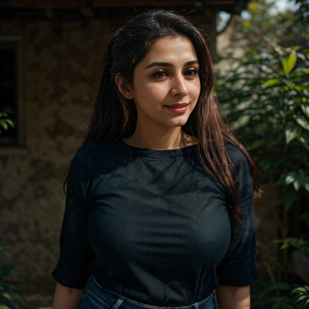 1girl, Kashmiri beautiful women 36 years old, solo, long hair, brown hair, smiling, wearing a plain Black round neck Pure Cotton T-shirt, Half Sleeves, detailed t-shirt fabric, without text, without design in t-shirt, outdoors, pants, sandals, denim, jeans, Nature bokeh background, 36year old, ponytail:2, braided hair, This breathtaking photograph, sunny day, natural colors, RAW photo, best quality), (realistic, photo-Realistic:1.3), best quality, masterpiece, beautiful and aesthetic, 16K, (HDR:1.4), high contrast, (vibrant color:1.4), (muted colors, dim colors, soothing tones:0), cinematic lighting, ambient lighting, backlit, shot on Kodak Gold 400 film, softer lens filter, full of love and romantic atmosphere, beautifully showcases the raw and authentic beauty of life. high resolution 8k image quality,more detail