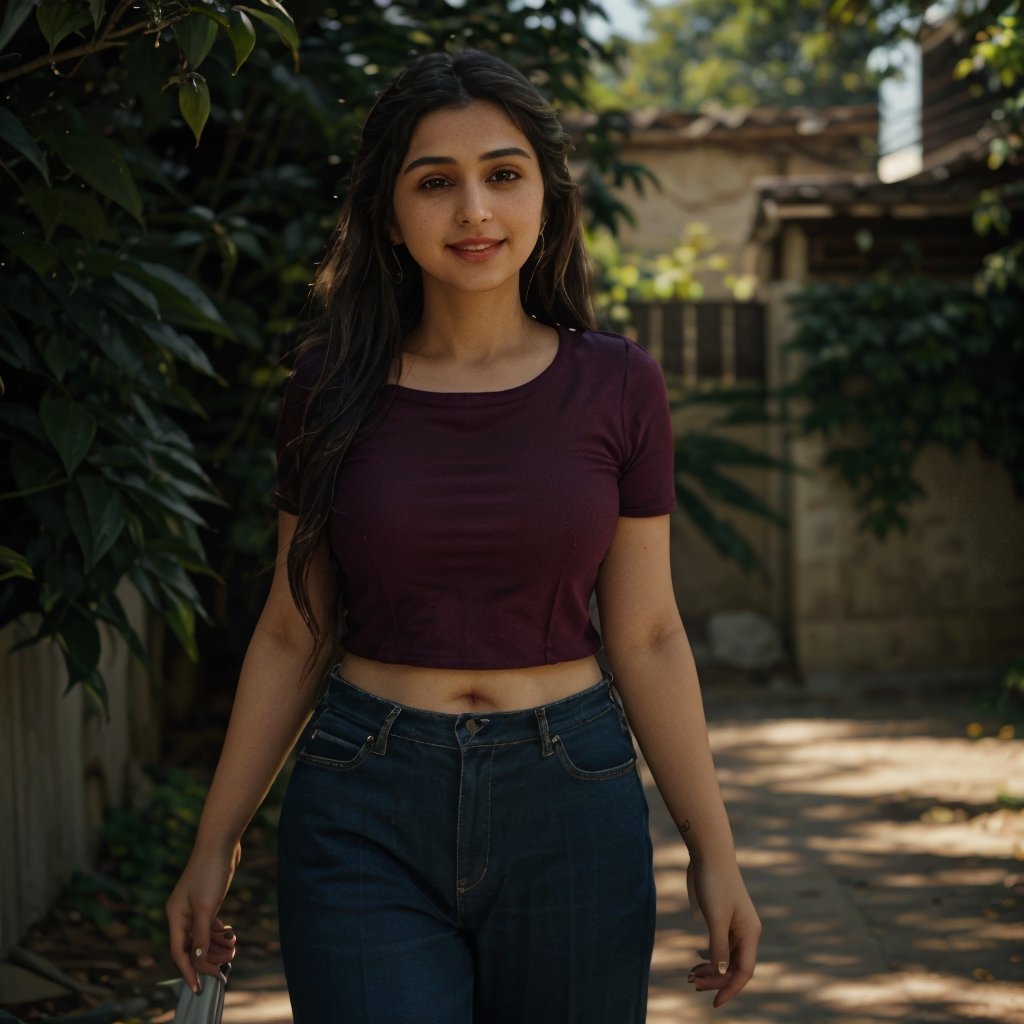 1girl, Kashmiri beautiful women 36 years old, solo, long hair, brown hair, smiling, wearing a plain Deep Maroon colour round neck Pure Cotton Oversized T-shirt, detailed t-shirt fabric, without text, without design in t-shirt,  outdoors, pants, sandals, denim, jeans, natural bokeh background, 36year old, ponytail:2, braided hair, This breathtaking photograph, sunny day, natural colors, RAW photo, best quality), (realistic, photo-Realistic:1.3), best quality, masterpiece, beautiful and aesthetic, 16K, (HDR:1.4), high contrast, (vibrant color:1.4), (muted colors, dim colors, soothing tones:0), cinematic lighting, ambient lighting, backlit, shot on Kodak Gold 400 film, softer lens filter, full of love and romantic atmosphere, beautifully showcases the raw and authentic beauty of life. high resolution 8k image quality,more detail 