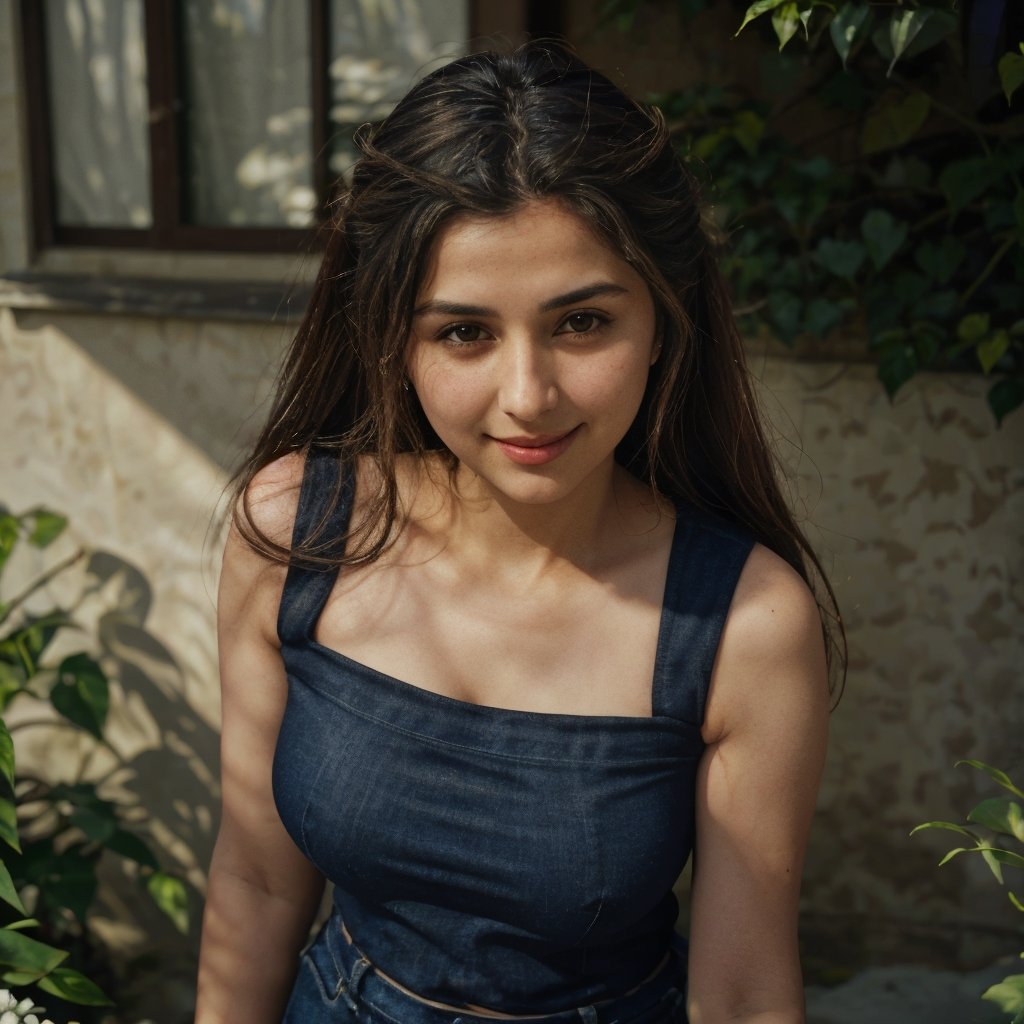 1girl, Kashmiri beautiful women 36 years old, solo, long hair, brown hair, smiling, wearing a plain Black round neck Pure Cotton Oversized T-shirt, detailed t-shirt fabric, without text, without design in t-shirt,  outdoors, pants, sandals, denim, jeans, natural bokeh background, 36year old, ponytail:2, braided hair, This breathtaking photograph, sunny day, natural colors, RAW photo, best quality), (realistic, photo-Realistic:1.3), best quality, masterpiece, beautiful and aesthetic, 16K, (HDR:1.4), high contrast, (vibrant color:1.4), (muted colors, dim colors, soothing tones:0), cinematic lighting, ambient lighting, backlit, shot on Kodak Gold 400 film, softer lens filter, full of love and romantic atmosphere, beautifully showcases the raw and authentic beauty of life. high resolution 8k image quality,