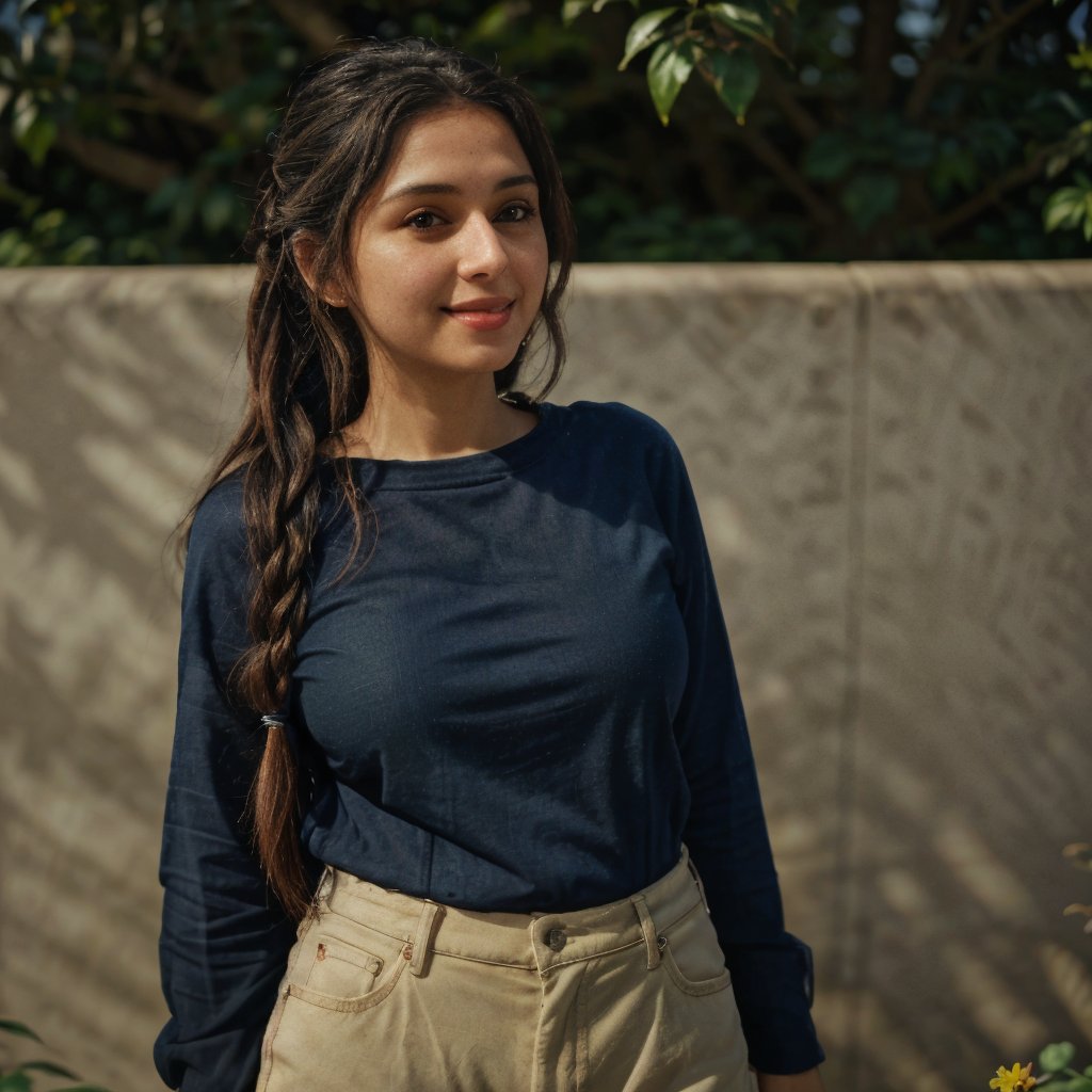 1girl, Kashmiri beautiful women 36 years old, solo, long hair, brown hair, smiling, wearing a plain Black round neck Pure Cotton Oversized T-shirt, detailed t-shirt fabric, without text, without design in t-shirt,  outdoors, pants, sandals, denim, jeans, natural bokeh background, 36year old, ponytail:2, braided hair, This breathtaking photograph, sunny day, natural colors, RAW photo, best quality), (realistic, photo-Realistic:1.3), best quality, masterpiece, beautiful and aesthetic, 16K, (HDR:1.4), high contrast, (vibrant color:1.4), (muted colors, dim colors, soothing tones:0), cinematic lighting, ambient lighting, backlit, shot on Kodak Gold 400 film, softer lens filter, full of love and romantic atmosphere, beautifully showcases the raw and authentic beauty of life. high resolution 8k image quality,more detail 