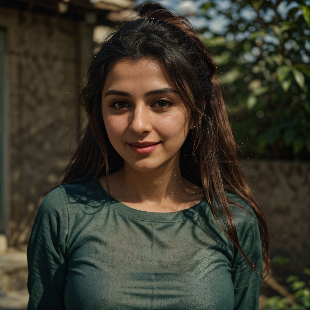 1girl, Kashmiri beautiful women 36 years old, solo, long hair, brown hair, smiling, wearing a plain Deep Sea Green round neck Pure Cotton Oversized T-shirt, detailed t-shirt fabric, without text, without design in t-shirt,  outdoors, pants, sandals, denim, jeans, natural bokeh background, 36year old, ponytail:2, braided hair, This breathtaking photograph, sunny day, natural colors, RAW photo, best quality), (realistic, photo-Realistic:1.3), best quality, masterpiece, beautiful and aesthetic, 16K, (HDR:1.4), high contrast, (vibrant color:1.4), (muted colors, dim colors, soothing tones:0), cinematic lighting, ambient lighting, backlit, shot on Kodak Gold 400 film, softer lens filter, full of love and romantic atmosphere, beautifully showcases the raw and authentic beauty of life. high resolution 8k image quality,more detail 