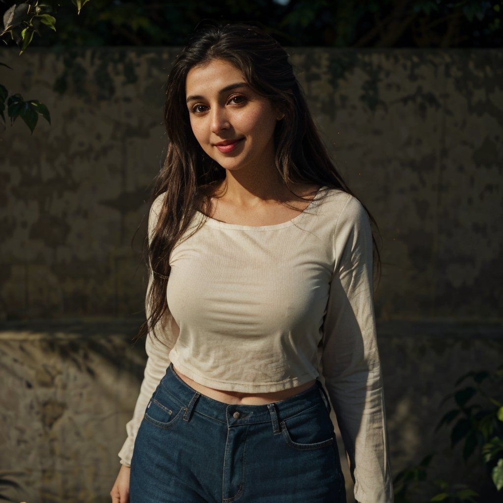 1girl, Kashmiri beautiful women 36 years old, solo, long hair, brown hair, smiling, wearing a plain Black round neck Pure Cotton Oversized T-shirt, detailed t-shirt fabric, without text, without design in t-shirt,  outdoors, pants, sandals, denim, jeans, natural bokeh background, 36year old, ponytail:2, braided hair, This breathtaking photograph, sunny day, natural colors, RAW photo, best quality), (realistic, photo-Realistic:1.3), best quality, masterpiece, beautiful and aesthetic, 16K, (HDR:1.4), high contrast, (vibrant color:1.4), (muted colors, dim colors, soothing tones:0), cinematic lighting, ambient lighting, backlit, shot on Kodak Gold 400 film, softer lens filter, full of love and romantic atmosphere, beautifully showcases the raw and authentic beauty of life. high resolution 8k image quality,more detail 