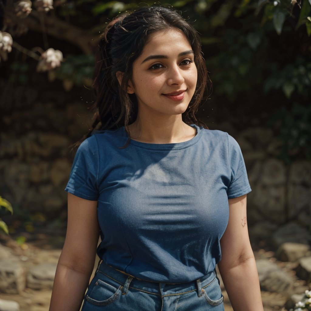 1girl, Kashmiri beautiful women 36 years old, solo, long hair, smiling, wearing a plain Navy Blue colour round neck Pure Cotton Oversized T-shirt, detailed t-shirt fabric, without text, without design in t-shirt, outdoors, denim jeans, natural bokeh background, 36year old, ponytail:2, braided hair, This breathtaking photograph, sunny day, natural colors, RAW photo, best quality), (realistic, photo-Realistic:1.3), best quality, masterpiece, beautiful and aesthetic, 16K, (HDR:1.4), high contrast, (vibrant color:1.4), (muted colors, dim colors, soothing tones:0), cinematic lighting, ambient lighting, backlit, shot on Kodak Gold 400 film, softer lens filter, full of love and romantic atmosphere, beautifully showcases the raw and authentic beauty of life. high resolution 8k image quality,more detail , less detail