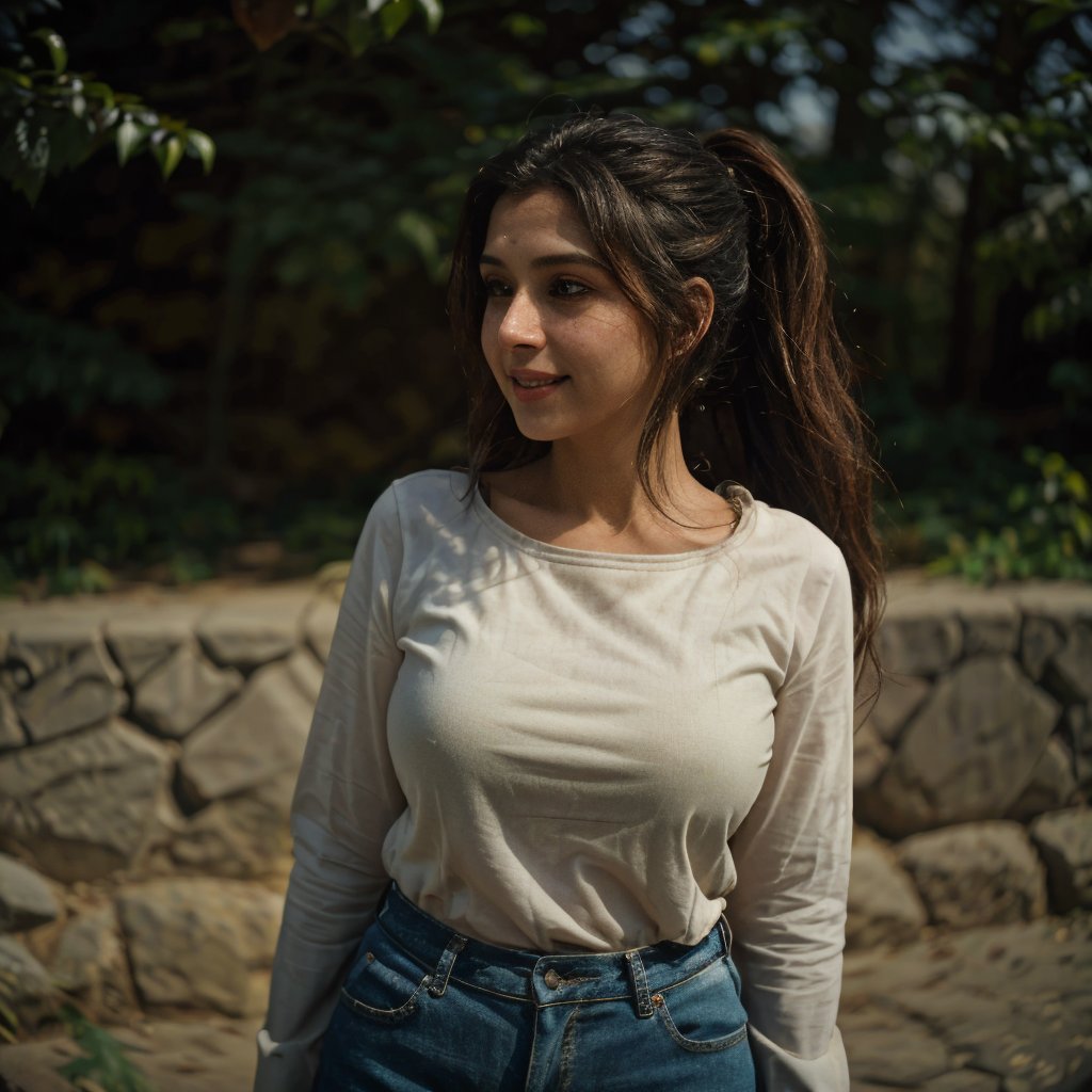 1girl, Kashmiri beautiful women 36 years old, solo, long hair, brown hair, smiling, wearing a plain Deep Maroon round neck Pure Cotton T-shirt, Half Sleeves, detailed t-shirt fabric, without text, without design in t-shirt, outdoors, pants, sandals, denim, jeans, Nature bokeh background, 36year old, ponytail:2, braided hair, This breathtaking photograph, sunny day, natural colors, RAW photo, best quality), (realistic, photo-Realistic:1.3), best quality, masterpiece, beautiful and aesthetic, 16K, (HDR:1.4), high contrast, (vibrant color:1.4), (muted colors, dim colors, soothing tones:0), cinematic lighting, ambient lighting, backlit, shot on Kodak Gold 400 film, softer lens filter, full of love and romantic atmosphere, beautifully showcases the raw and authentic beauty of life. high resolution 8k image quality,more detail