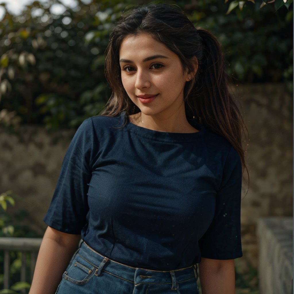 1girl, Kashmiri beautiful women 36 years old, solo, long hair, brown hair, smiling, wearing a plain Navy Blue round neck Pure Cotton T-shirt, Half Sleeves, detailed t-shirt fabric, without text, without design in t-shirt, outdoors, pants, sandals, denim, jeans, Nature bokeh background, 36year old, ponytail:2, braided hair, This breathtaking photograph, sunny day, natural colors, RAW photo, best quality), (realistic, photo-Realistic:1.3), best quality, masterpiece, beautiful and aesthetic, 16K, (HDR:1.4), high contrast, (vibrant color:1.4), (muted colors, dim colors, soothing tones:0), cinematic lighting, ambient lighting, backlit, shot on Kodak Gold 400 film, softer lens filter, full of love and romantic atmosphere, beautifully showcases the raw and authentic beauty of life. high resolution 8k image quality,more detail