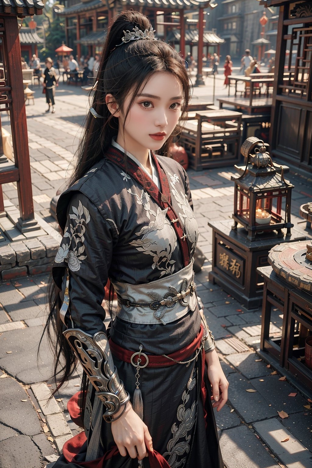 Against the backdrop of ancient Chinese architecture, a stunning female warrior stands poised in a dramatic pose, her black attire accentuating her toned physique and reflecting the rich colors of the setting sun. Intricate silver embroidery adorns her form-fitting armor, while subtle plating catches the fading light. Her piercing gaze, framed by almond-shaped eyes and high cheekbones, commands attention as she wears a high ponytail adorned with a delicate silver hairpin. A black mask partially conceals her face, adding an air of mystique, while bold red lips create a striking contrast against her porcelain complexion.