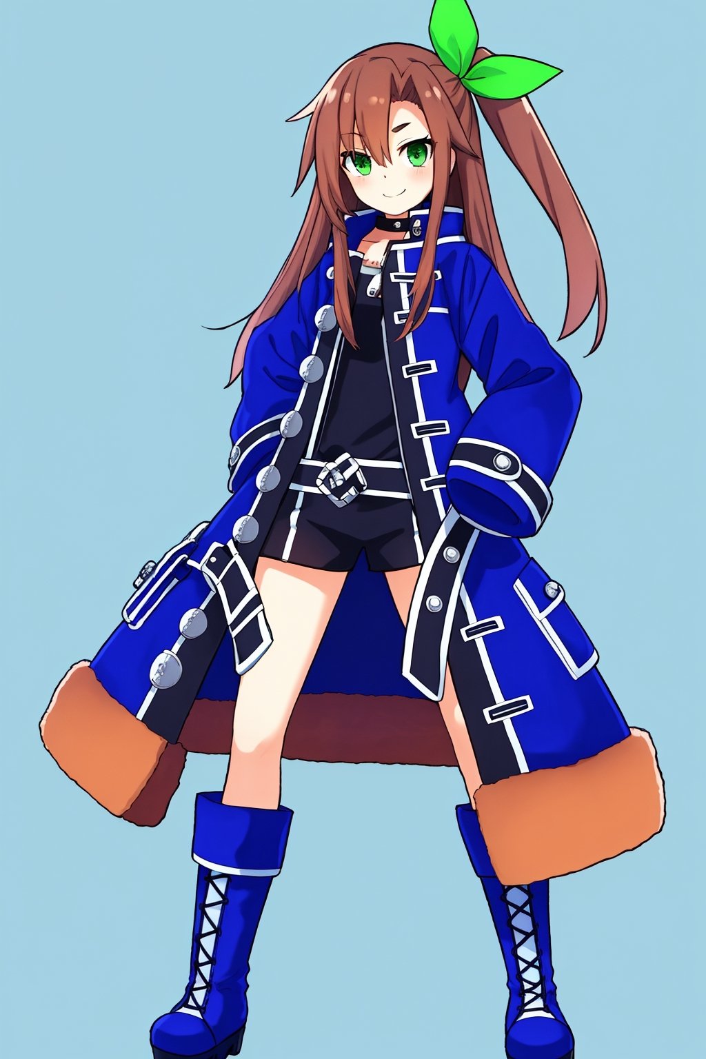 Masterpiece, Best quality, 4k resolution, beautiful eyes, Cyberpunk city, daytime, blue skies, IF, 1girl, boots, green eyes, solo, long hair, brown hair, full body, blue coat, hair between eyes, knee boots, hand on hip, blue footwear, standing, looking at viewer, long sleeves, white background, coat, closed mouth, jacket, sleeves past wrists, hair ribbon, ribbon, simple background, choker, hair bow, smile, dress, green ribbon, bangs, bow, gloves, hair ornament, one side up, open clothes, black shorts, eyebrows visible through hair, open coat, street