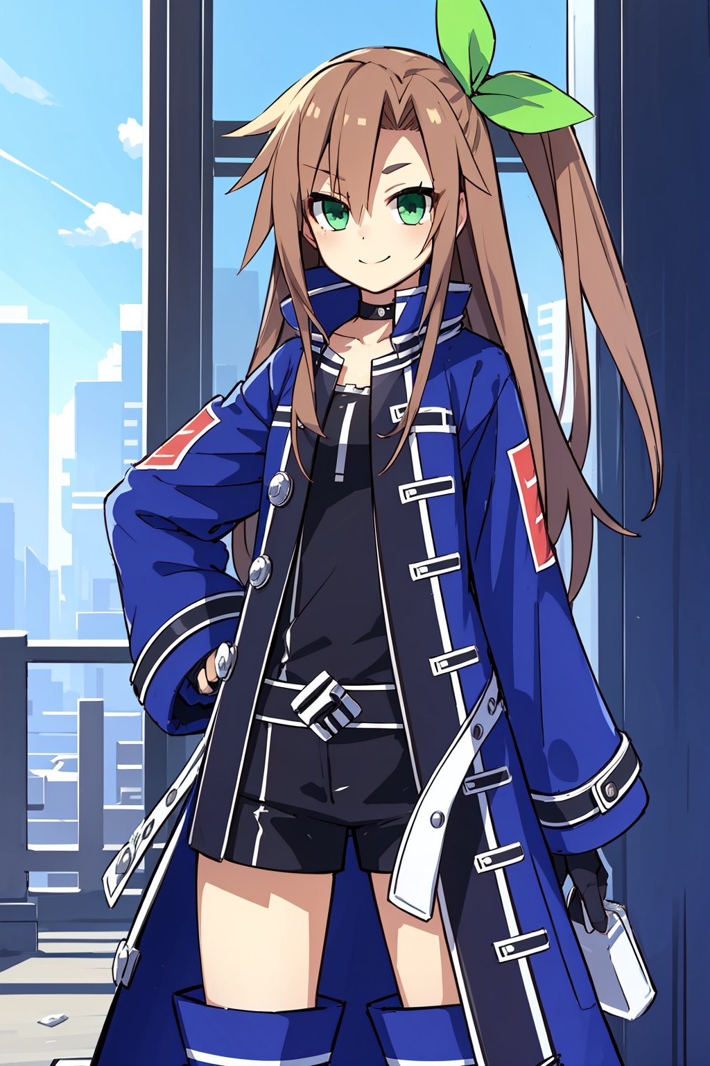 Masterpiece, Best quality, 4k resolution, beautiful eyes, Cyberpunk city, daytime, blue skies, IF, 1girl, boots, green eyes, solo, long hair, brown hair, full body, blue coat, hair between eyes, knee boots, hand on hip, blue footwear, standing, looking at viewer, long sleeves, white background, coat, closed mouth, jacket, sleeves past wrists, hair ribbon, ribbon, outdoors, choker, hair bow, smile, dress, green ribbon, bangs, bow, gloves, hair ornament, one side up, open clothes, black shorts, eyebrows visible through hair, open coat, cowboy_shot, at park, outdoors