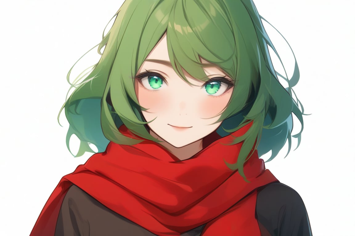 A 20-year-old girl with green and blue eyes with a red scarf, white background, simple cartoon, 2D, full view