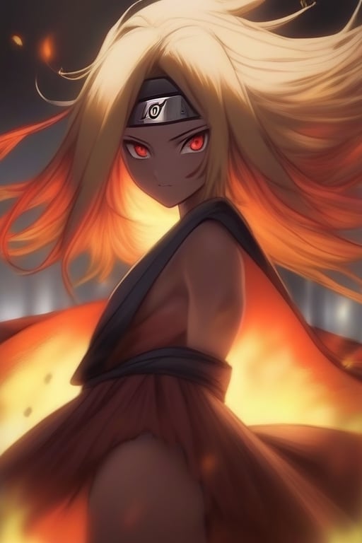 chica de cabello naranaja con capa de akatsuki ojos con rinegan se ve con tacones y falda para pelear increiblemente hermosa