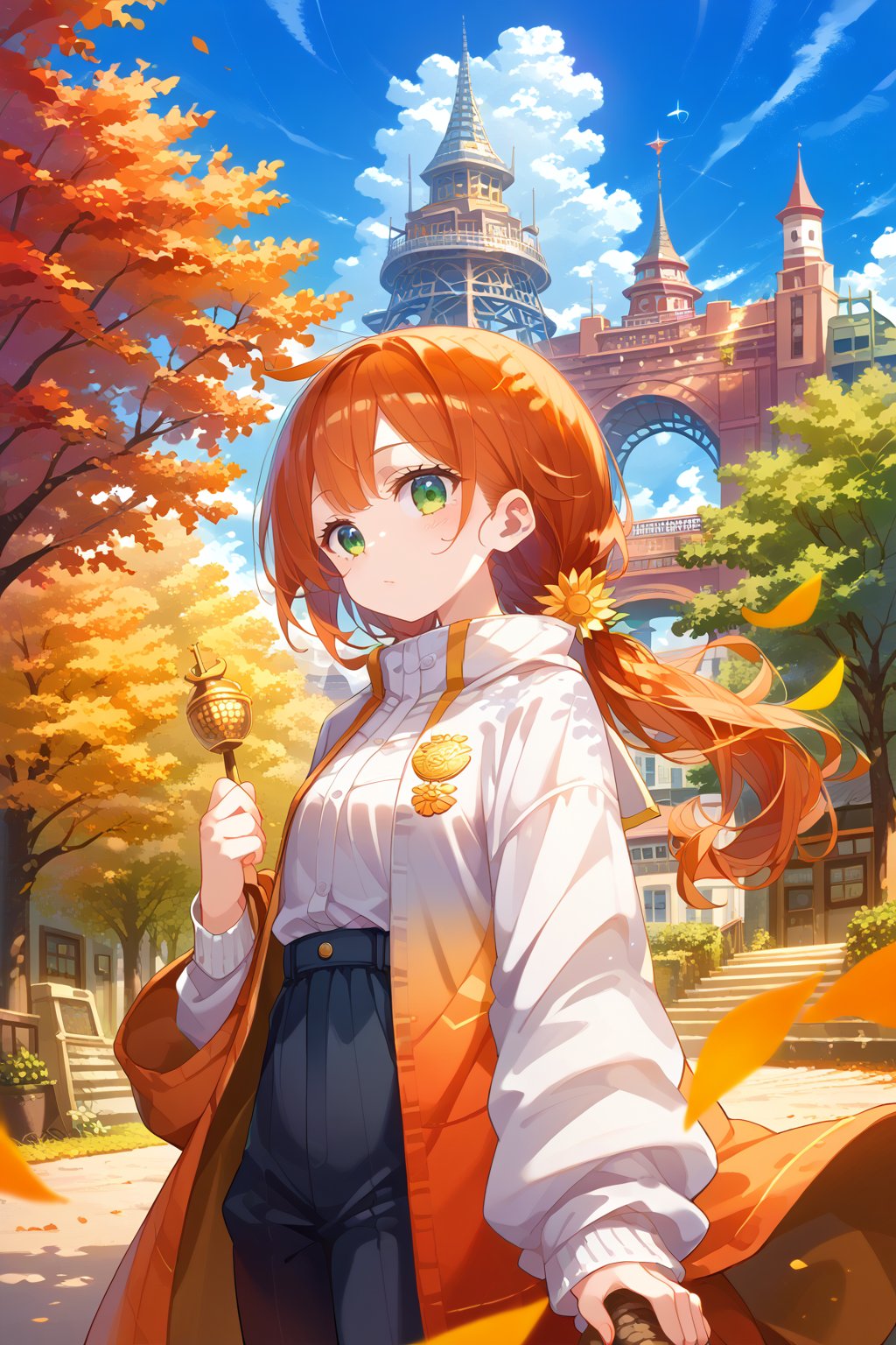 score_9, score_8_up, score_7_up, source_anime, sunny day, goldenhour, bold lines flat color shaded, anime manga illustration, medium redhead girl leaning on a tree, distant Tokyo Tower in background, sky is flat gray color
