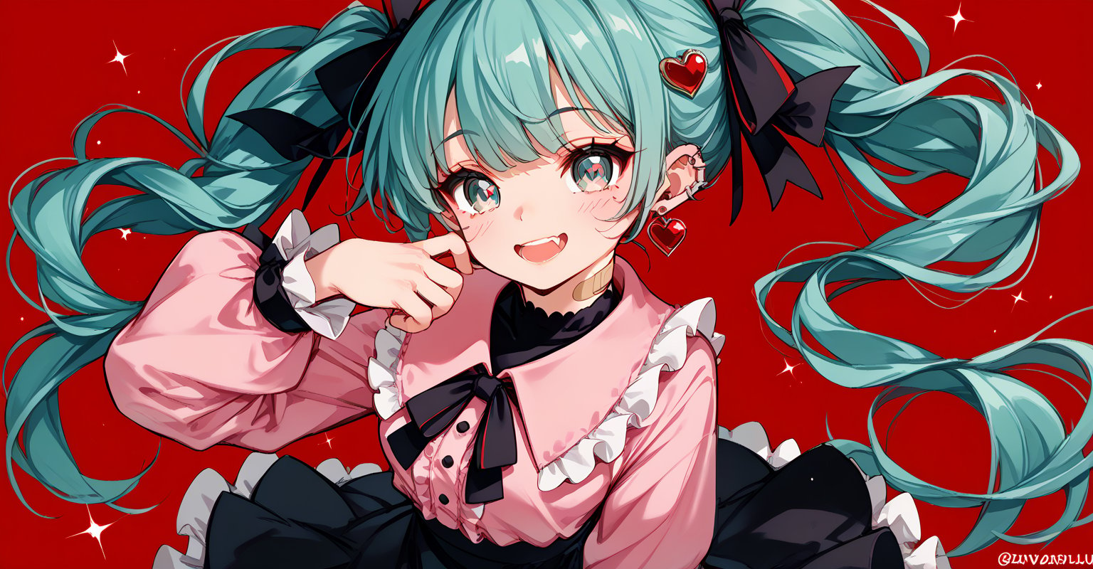 1girl, solo, vampiremiku, heart facial, gree eyes, heart eyes, fangs, smile, open mouth, aqua hair, twintails, heart hair ornament, hair ribbon, black ribbon, aqua eyes, jirai kei, frills, pink shirt, frilled shirt collar, long sleeves, black skirt, ear piercing, earrings, bandaid on neck, red background, Rabbit Hole Pure Pure,score_9, score_8_up