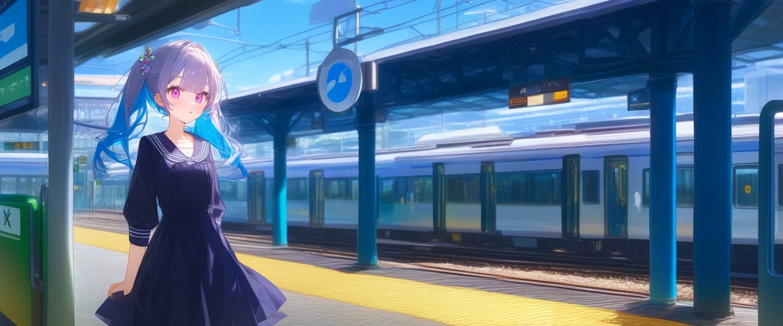 (score_9,score_8_up,score_7_up), 1girl, grey hair, multicolored hair, blue hair, purple eyes, hair ornament, colored inner hair, black serafuku, twintails, flat chest, dress, cowboy shot, thigh, train station, train, outdoor Station,scenery