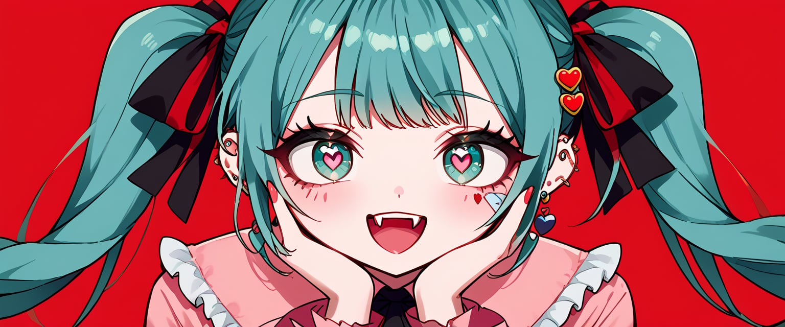 1girl, solo, vampiremiku, heart facial, gree eyes, heart eyes, fangs, smile, open mouth, aqua hair, twintails, heart hair ornament, hair ribbon, black ribbon, aqua eyes, jirai kei, frills, pink shirt, frilled shirt collar, long sleeves, black skirt, ear piercing, earrings, bandaid on neck, red background, Rabbit Hole Pure Pure