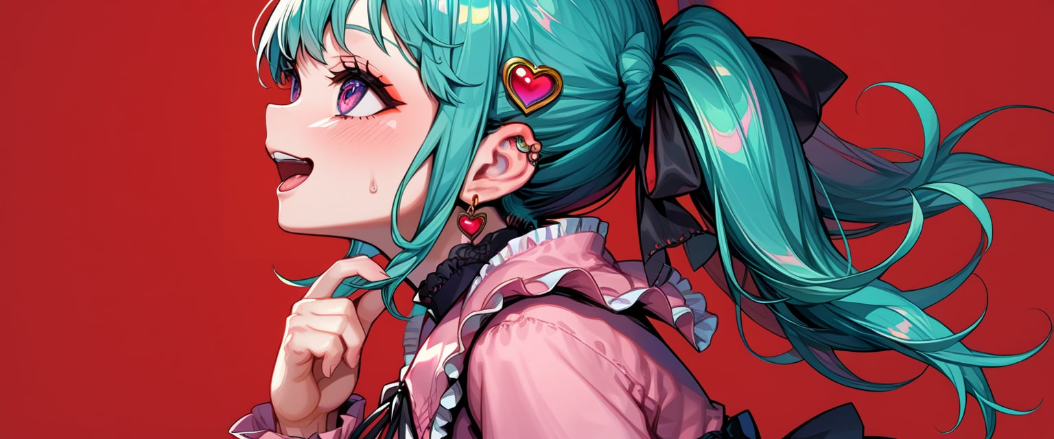 score_9, score_8_up, score_7_up, 1girl, solo, vampiremiku, heart facial, gree eyes, heart eyes, fangs, smile, open mouth, aqua hair, twintails, heart hair ornament, hair ribbon, black ribbon, aqua eyes, jirai kei, frills, pink shirt, frilled shirt collar, long sleeves, black skirt, ear piercing, earrings, bandaid on neck, from side, red background, GyokaiOnonoimokoStyle, profile