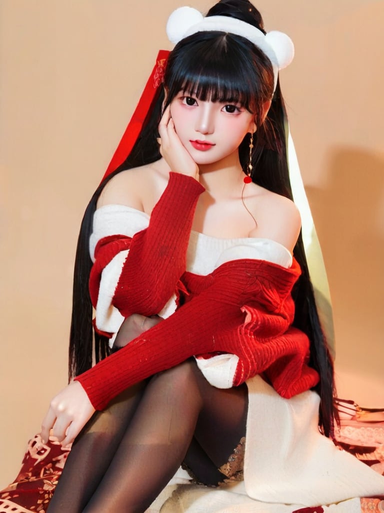 1girl, solo, long hair, looking at viewer, bangs, simple background, black hair, black eyes, long sleeves, dress, bare shoulders, jewelry, sitting, closed mouth, pantyhose, sidelocks, hairband, earrings, off shoulder, sweater, lips, gradient, black pantyhose, gradient background, feet out of frame, crossed legs, hand on own face, brown background, head rest, white hairband, realistic, off-shoulder dress, sweater dress, off-shoulder sweater, red sweater, gold earrings, yor briar