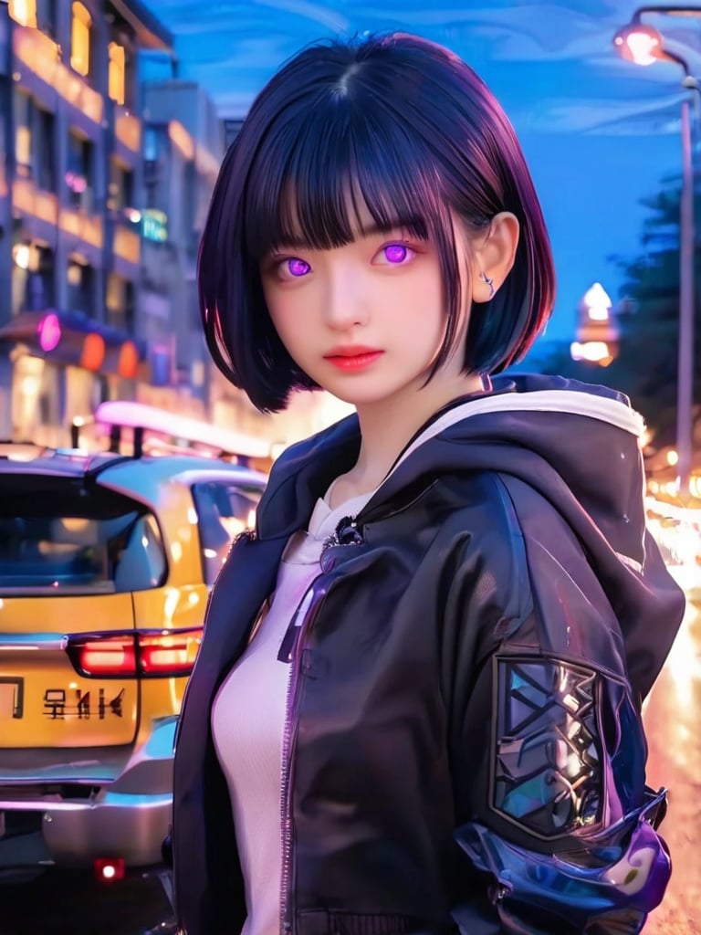 1girl, looking at viewer, short hair, bangs, black hair, long sleeves, purple eyes, jacket, upper body, outdoors, parted lips, sky, solo focus, looking back, hood, from side, lips, black jacket, night, ground vehicle, building, armband, reflection, city, road