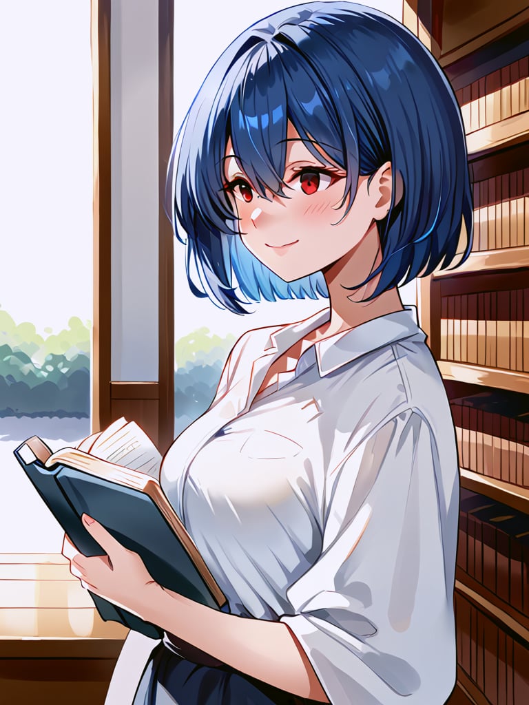 solo, looking at viewer, short hair, bangs, shirt, 1women, hair between eyes, closed mouth, blue hair, red eyes, white shirt,long skirt,upper body, female focus, look away,blush,smile,hold book