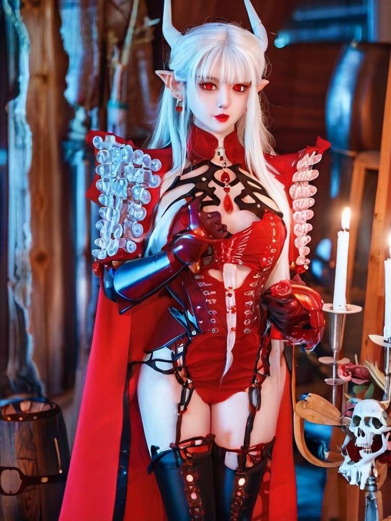 1girl, solo, long hair, breasts, looking at viewer, hair ornament, red eyes, thighhighs, dress, jewelry, standing, white hair, earrings, pointy ears, indoors, cape, armor, black dress, elf, shoulder armor, gauntlets, pale skin, pauldrons, skull, red cape, candle, vampire, undead