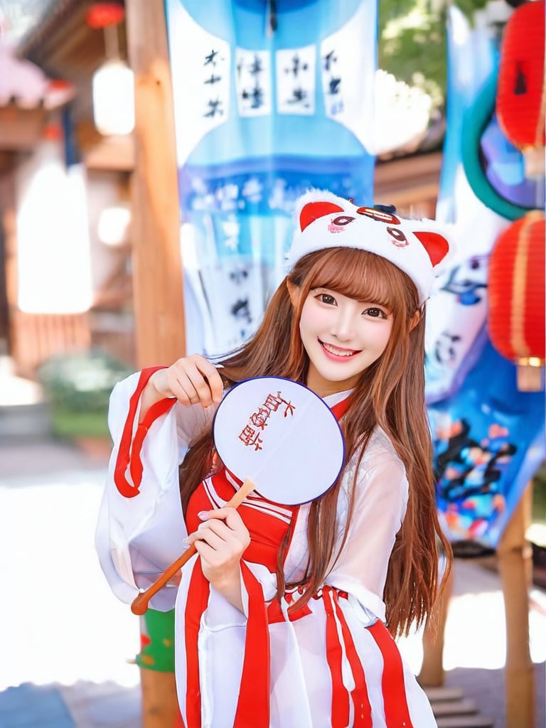 1girl, solo, long hair, looking at viewer, smile, brown hair, long sleeves, hat, holding, brown eyes, outdoors, teeth, day, grin, blurry, black eyes, blurry background, hand fan