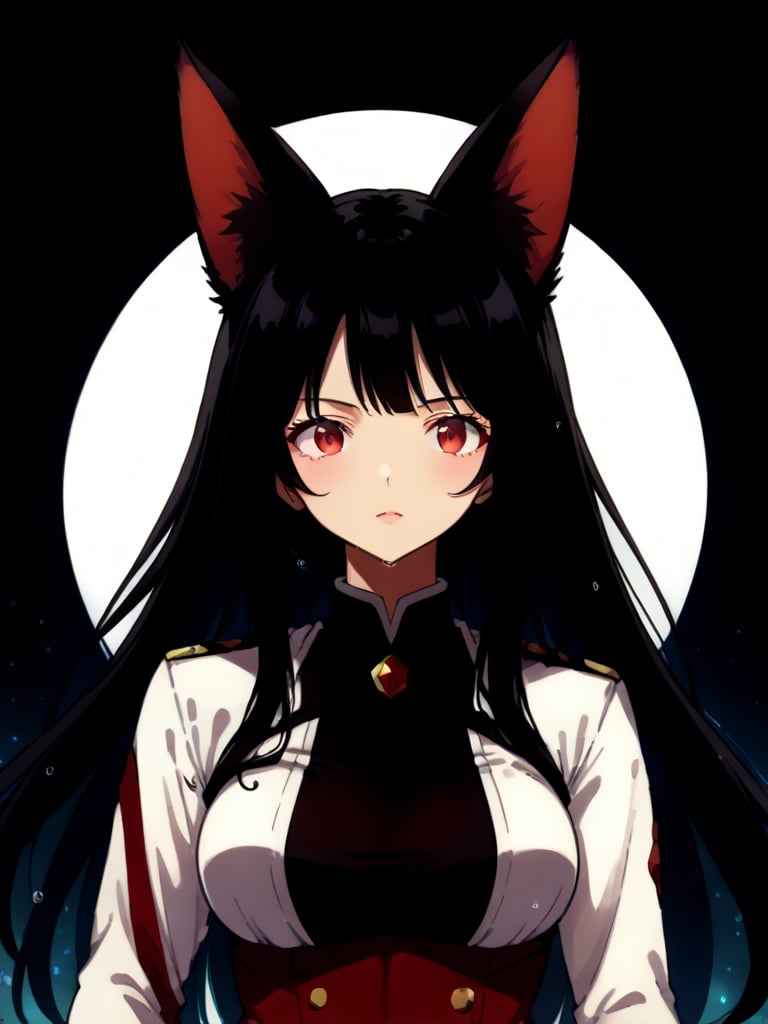 Beautiful girl, fox ears. She is very badass, black hair, red eyes, she wears a very luxurious outfit. Upper body, detailed image, detailed skin, looking at viewer. Walking, ((masterpiece: 1.2)), light particles, ink droplets in background, Anime style.