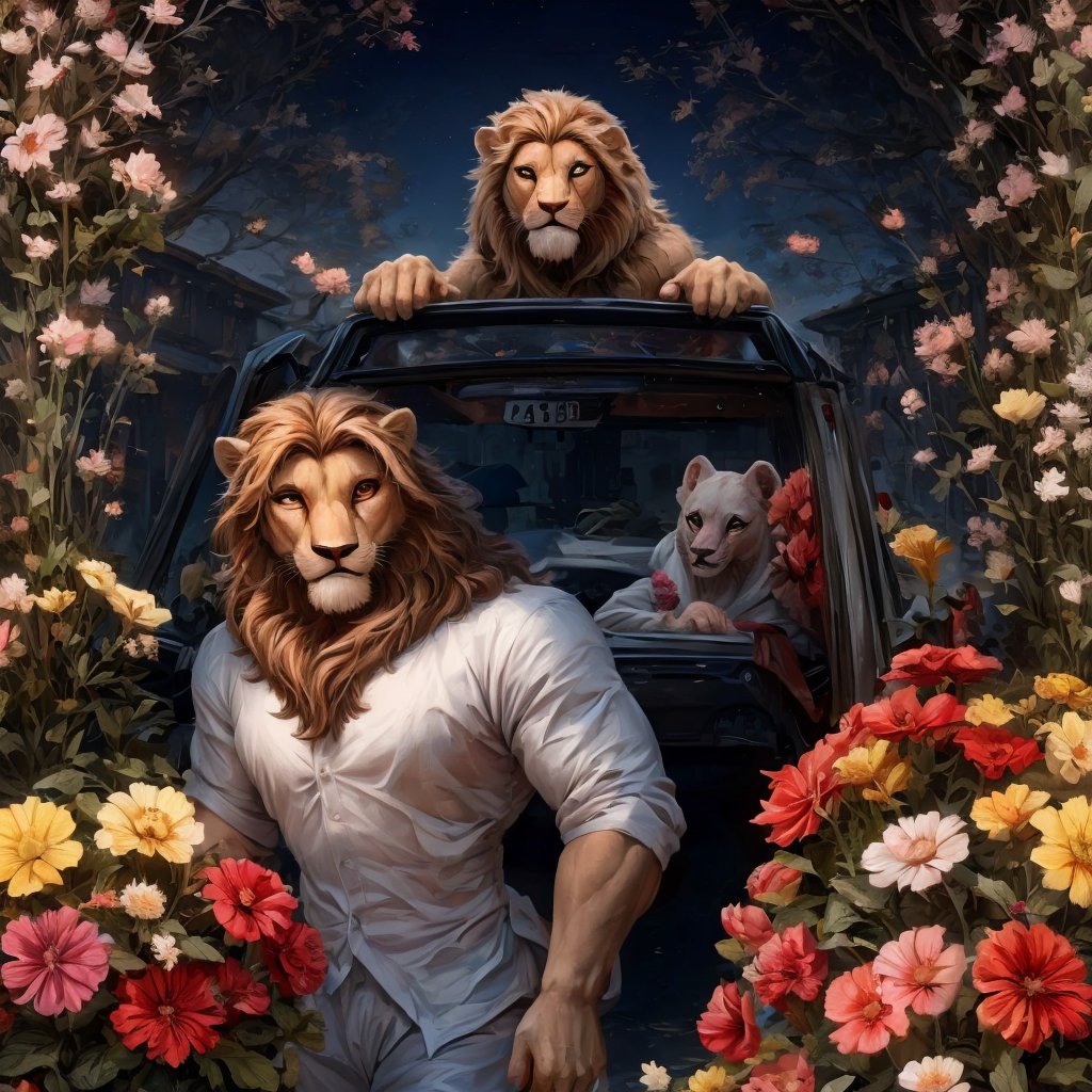 Beautiful pictures, gerbera flowers, freesia flowers, hibiscus flowers and a car filled with flowers,
Brake
Albino lion standing in car, Lion