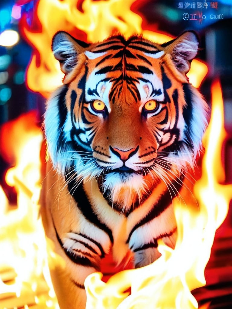 solo, looking at viewer, yellow eyes, no humans, glowing, animal, fire, glowing eyes, tiger