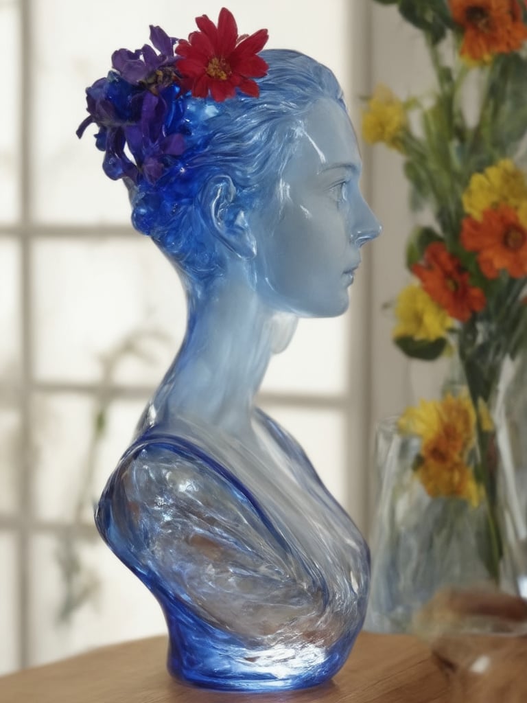 "A translucent glass bust of a woman, exquisitely crafted with smooth, flawless surfaces. The sculpture captures delicate facial features, a graceful neck, and the curve of shoulders. Inside the hollow form, a mesmerizing array of mystical flowers blooms, filling the entire interior. These ethereal blossoms radiate in seven distinct colors - vibrant red, warm orange, sunny yellow, lush green, deep blue, rich indigo, and royal purple. The flowers seem to float and gently swirl within the confines of the glass, their petals and stems creating intricate patterns. Soft, multicolored light emanates from within, causing the glass to glow and creating a prism-like effect on nearby surfaces. The contrast between the clear, solid glass and the vibrant, seemingly alive interior creates a captivating juxtaposition.,hyperrealistic