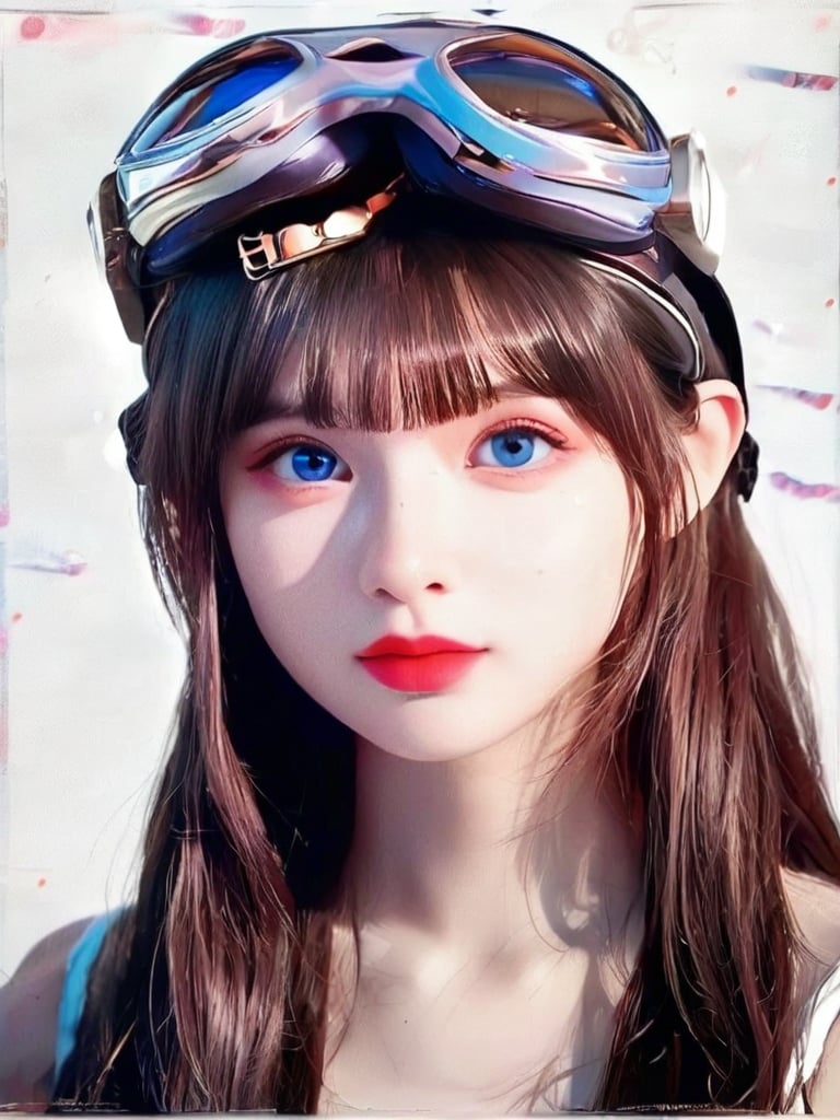 1girl, solo, long hair, looking at viewer, bangs, blue eyes, monochrome, mole, lips, mole under eye, makeup, traditional media, lipstick, goggles, portrait, spot color, goggles on head, goggles on headwear