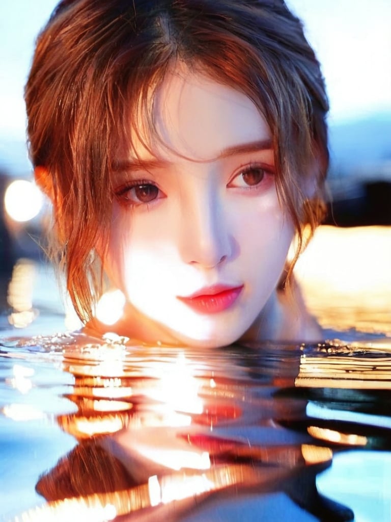 A young woman's face fills the frame, her lips gently parted as she gazes down at a serene body of water. Soft focus and warm lighting capture the subtle curves of her features in a close-up shot. Her eyes seem to hold a quiet contemplation, her skin radiant with a subtle glow.