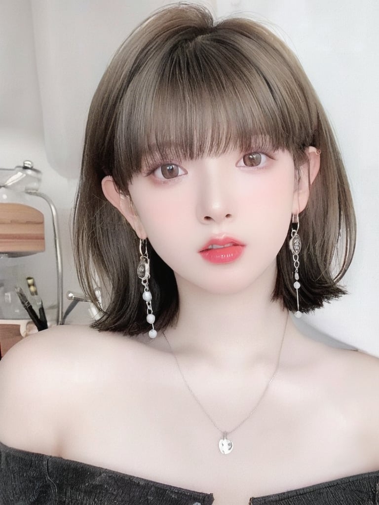 1girl, solo, looking at viewer, short hair, jewelry, closed mouth, monochrome, upper body, greyscale, earrings, lips, eyelashes, hoop earrings, realistic, nose