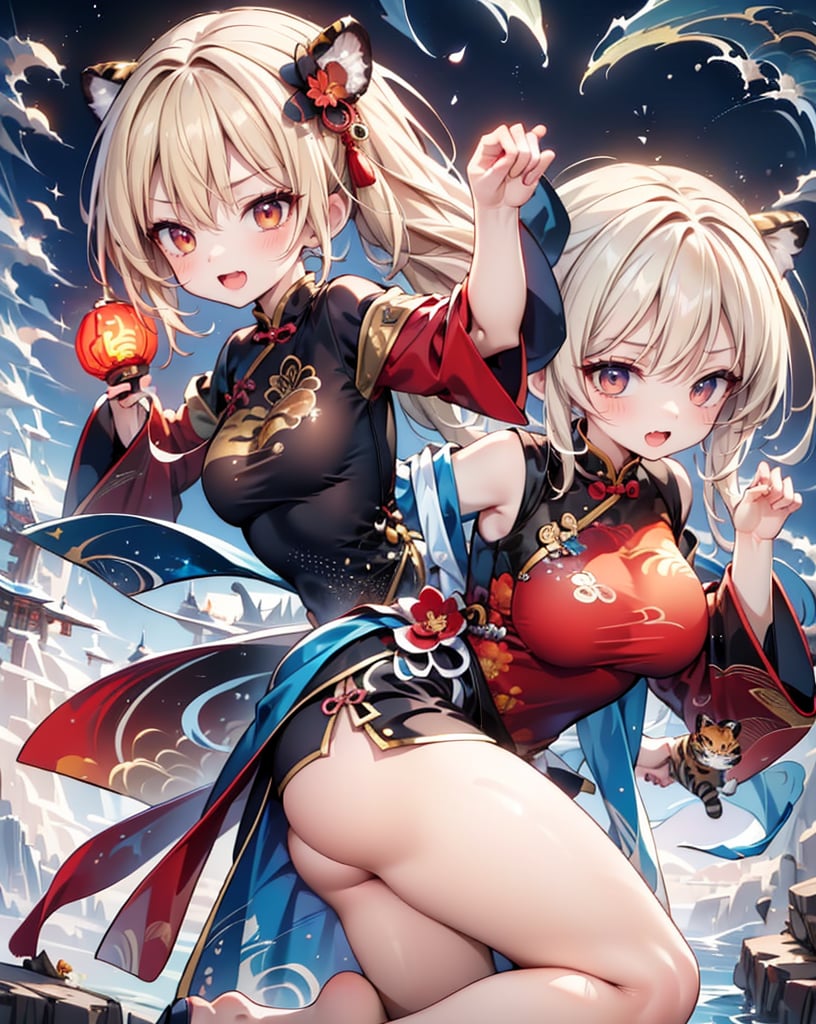 (Masterpiece, top quality), HD, artistic composition, 1 girl, Chinese dress with tiger pattern, tiger skin skirt, Chinese martial arts, action pose, paw pose, cute, open mouth smile, blonde hair, blue eyeshadow, image of huge angry tiger in the background, anime style, lively, from the side, looking away,