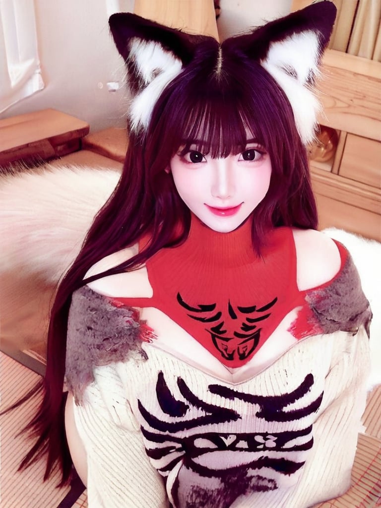 1girl, solo, long hair, breasts, looking at viewer, smile, bangs, long sleeves, animal ears, cleavage, bare shoulders, medium breasts, closed mouth, collarbone, tail, monochrome, greyscale, indoors, off shoulder, sweater, lips, fox ears, fox tail, from above, facial mark, fox girl, whisker markings, off-shoulder sweater, viewfinder, ahri \(league of legends\)