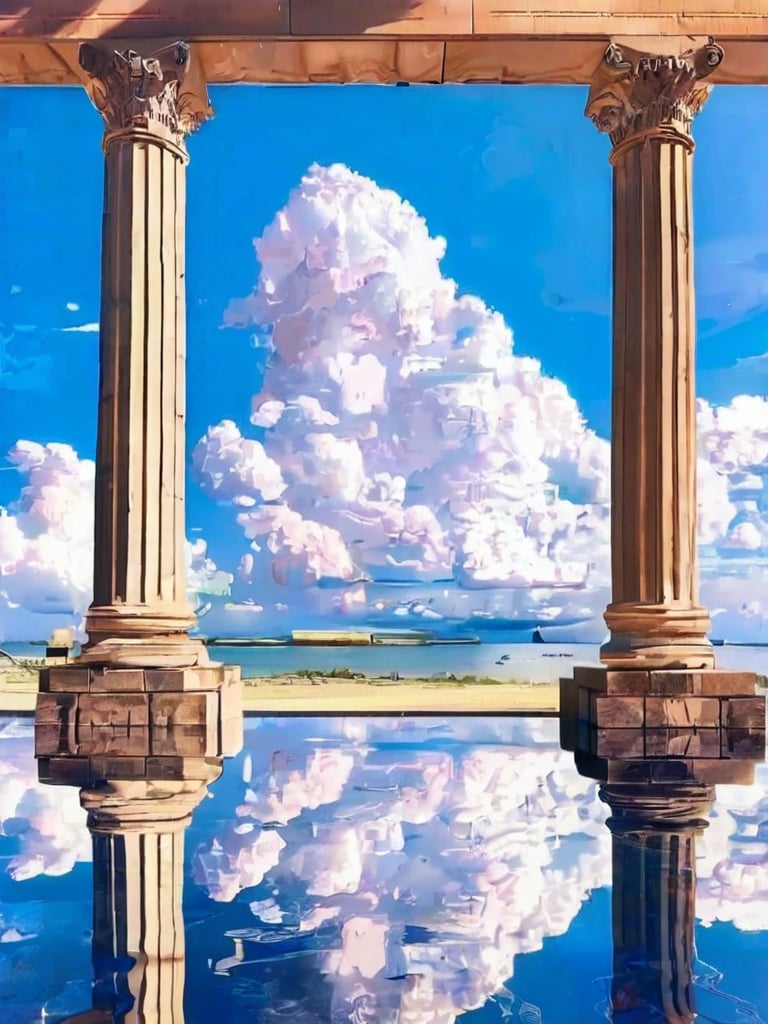 outdoors, sky, day, cloud, water, blue sky, no humans, building, scenery, reflection, ruins, pillar