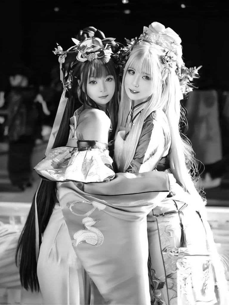 long hair, multiple girls, hair ornament, dress, 2girls, monochrome, greyscale, detached sleeves, hug, hug from behind, headdress