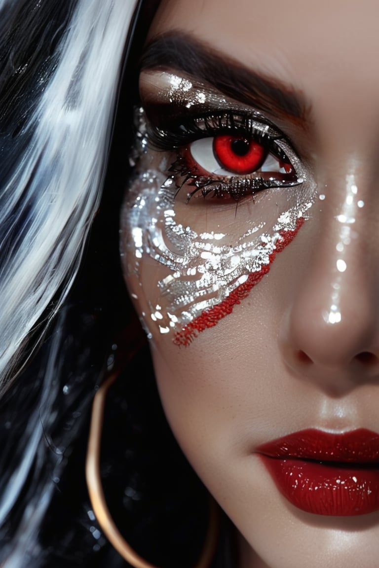 Best quality, 4K, 8K, high-resolution, masterpiece, ultra-detailed, photorealistic, a close up of a woman's face with black and white hair, glowing eyes, and lots of glitter, 1girl, long hair, red eyes, jewelry, black hair, blurry, eyelashes, lips, colored skin, depth of field, straight hair, cosmic background, portrait, gem, silver skin