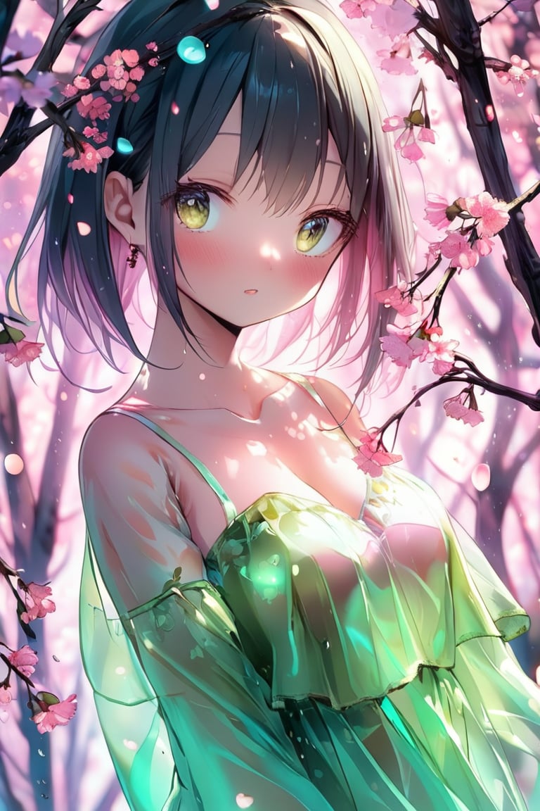 Cuteness overload, neon pink and green glow, cinematic effect. Beautiful girl with completely transparent body filled with tiny delicate cherry blossoms, expressive glowing eyes, on branches, leaves, spring, crazy details, anatomy, immaterial, fairytale, fantasy, water drops, tenderness, soft pastels, soft natural volumetric light, atmosphere, sharp focus, centered composition, complex background, soft haze, masterpiece