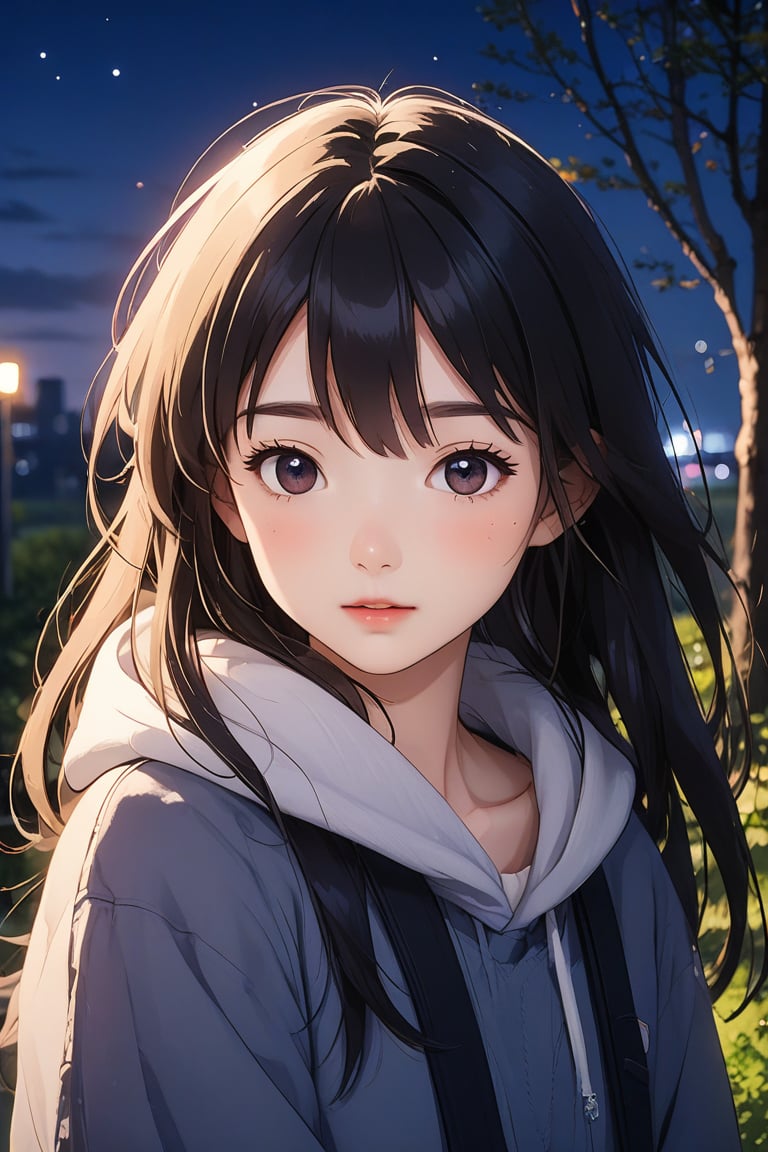 1 girl, portrait, anime style, night light, charming, nature 