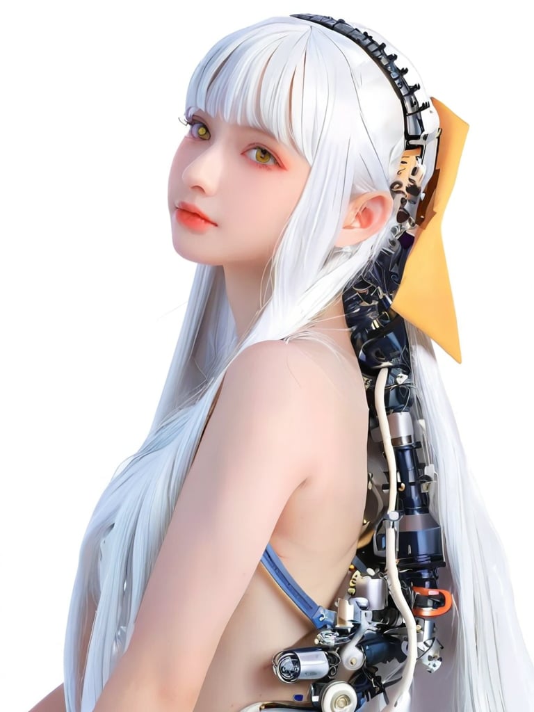 1girl, solo, long hair, breasts, bangs, simple background, white background, medium breasts, yellow eyes, upper body, white hair, hairband, parted lips, from side, android, cable, mechanical parts, spine