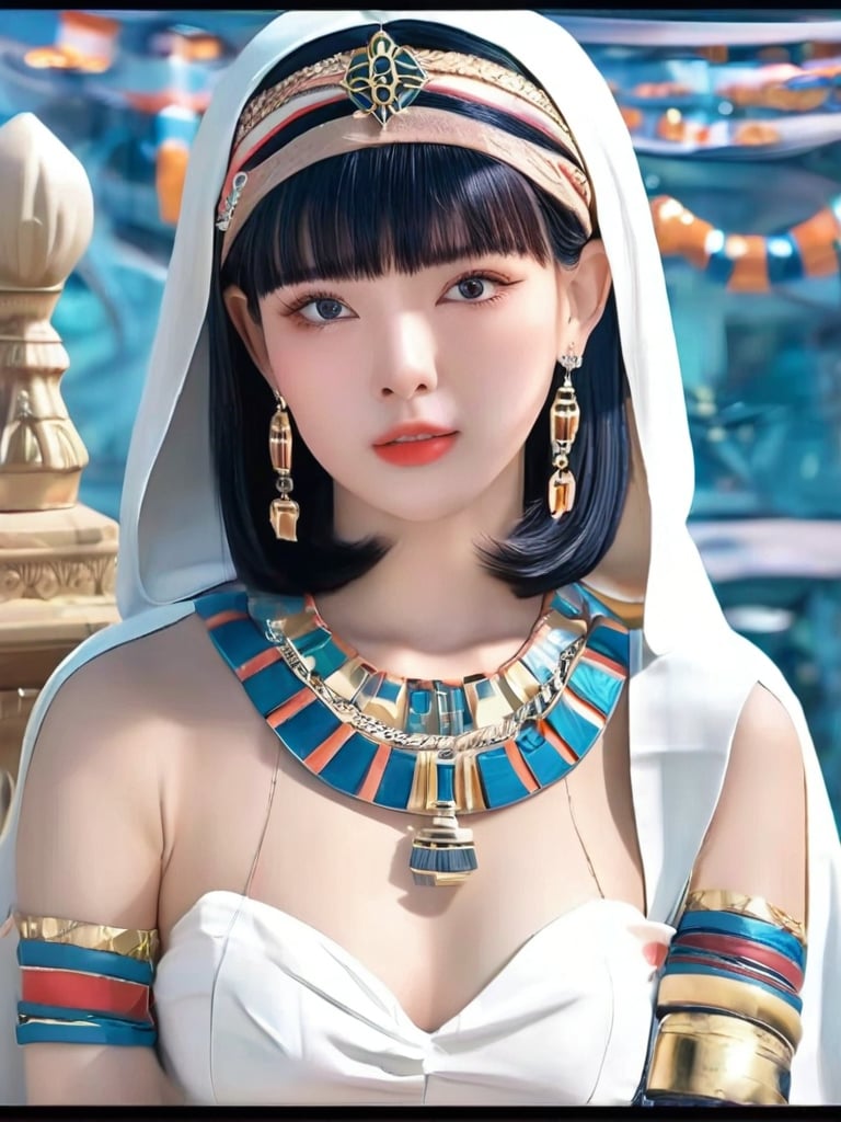 1girl, solo, breasts, looking at viewer, short hair, bangs, bare shoulders, jewelry, closed mouth, monochrome, upper body, greyscale, earrings, blunt bangs, medium hair, necklace, lips, eyelashes, headband, border, bob cut, armlet, egyptian clothes, usekh collar