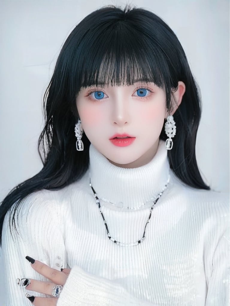 1girl, solo, looking at viewer, blue eyes, black hair, jewelry, closed mouth, monochrome, earrings, sweater, lips, eyelashes, turtleneck, portrait, spot color